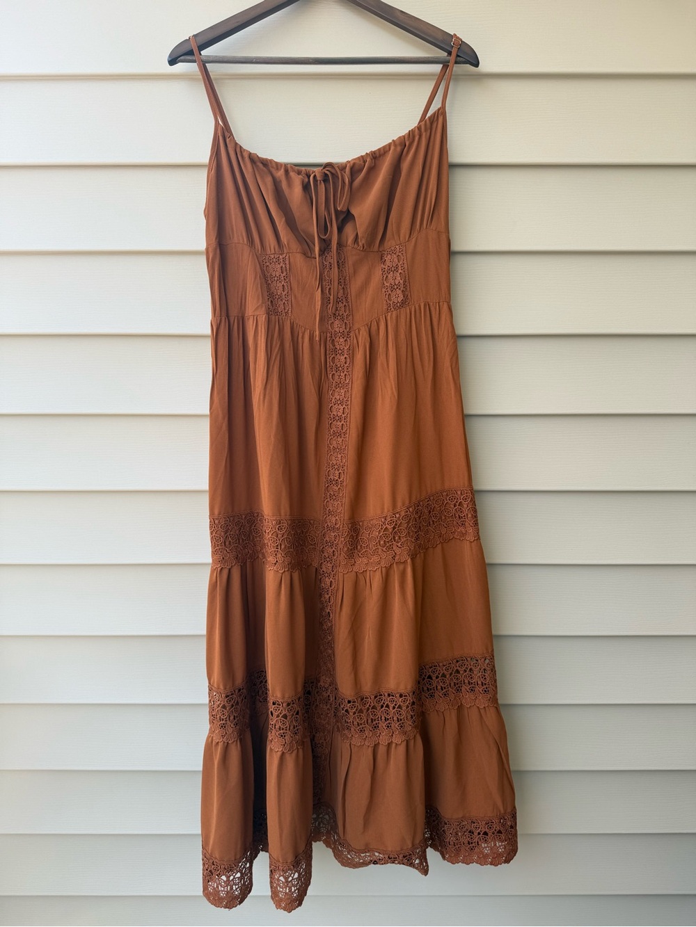 CIDER Brown Lace Trim Boho Midi Dress 0XL NWT Cottagecore Tiered